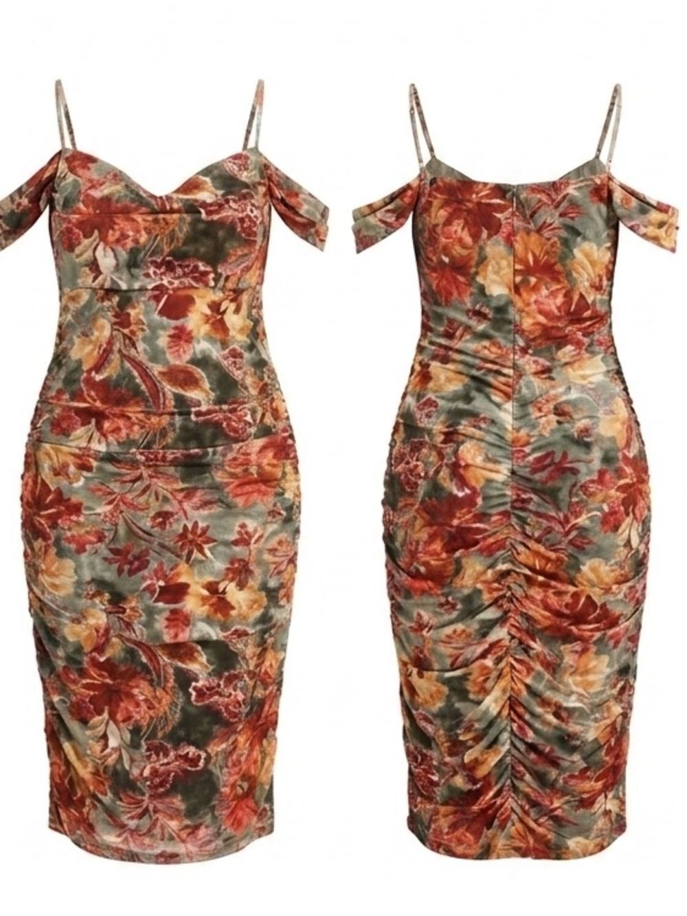 Katia Rae Olive Floral Trendy Cowl Neck Printed Midi Dress NWT